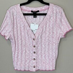 NWT Forever 21 Pink Marled Knit Short Sleeve Shirt with Buttons Size Small